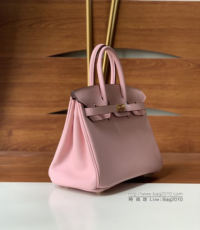 Hermes女包 愛馬仕Birkin25 swift皮 手工縫製 淺粉金扣 Hermes鉑金手提包  tdh2154